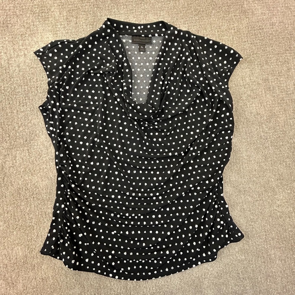 Worthington Blouse Top Womens Large Petite Black Geometric Cap Sleeve Cowl Neck